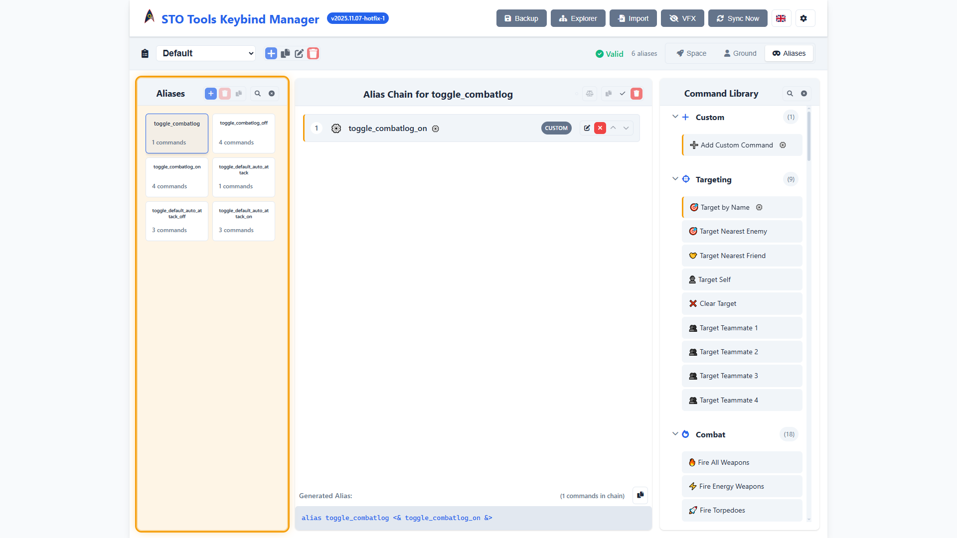 Alias browser showing list of aliases with their command chains visible