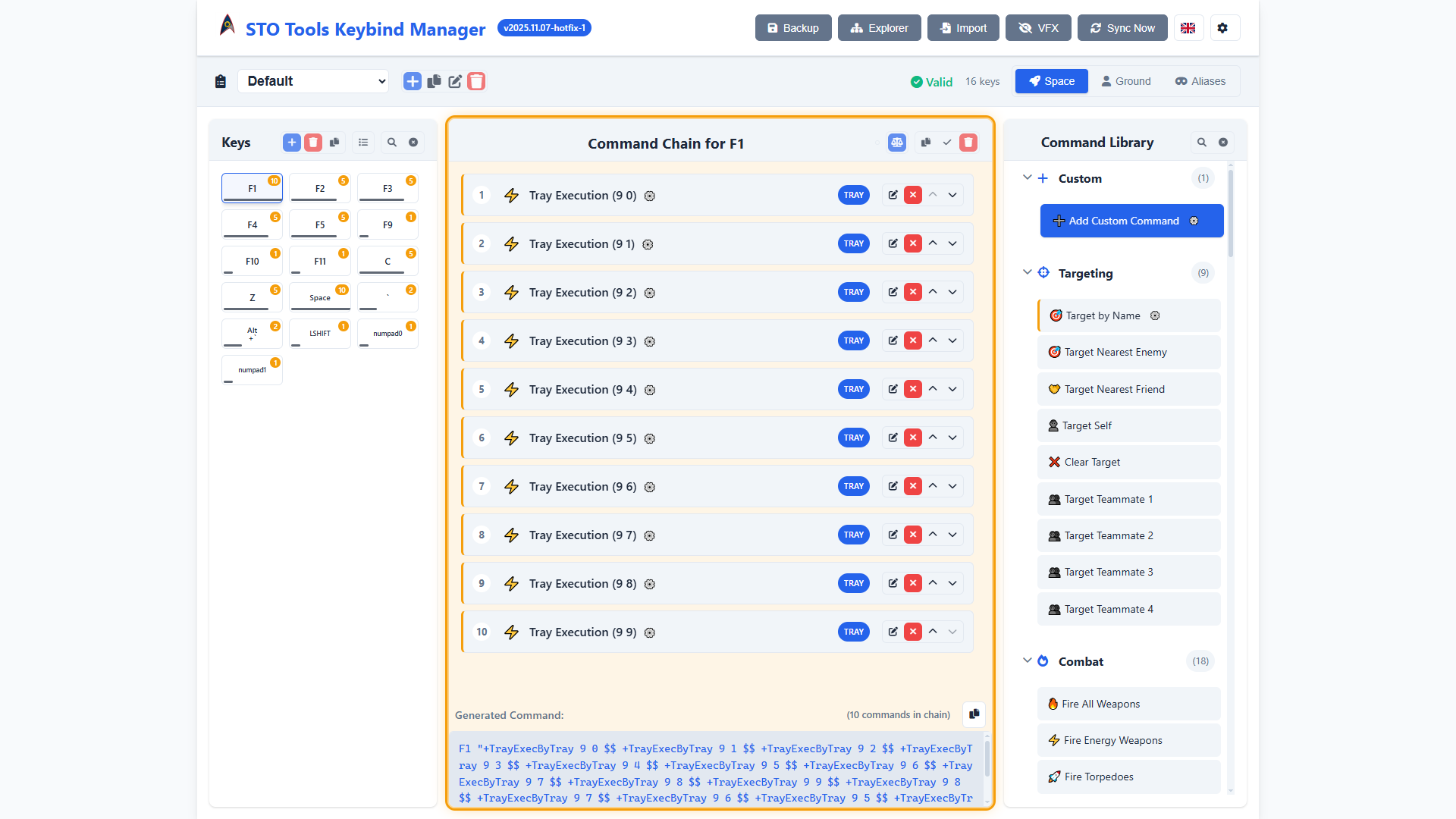 Command chain UI showing a keybind with multiple commands in sequence