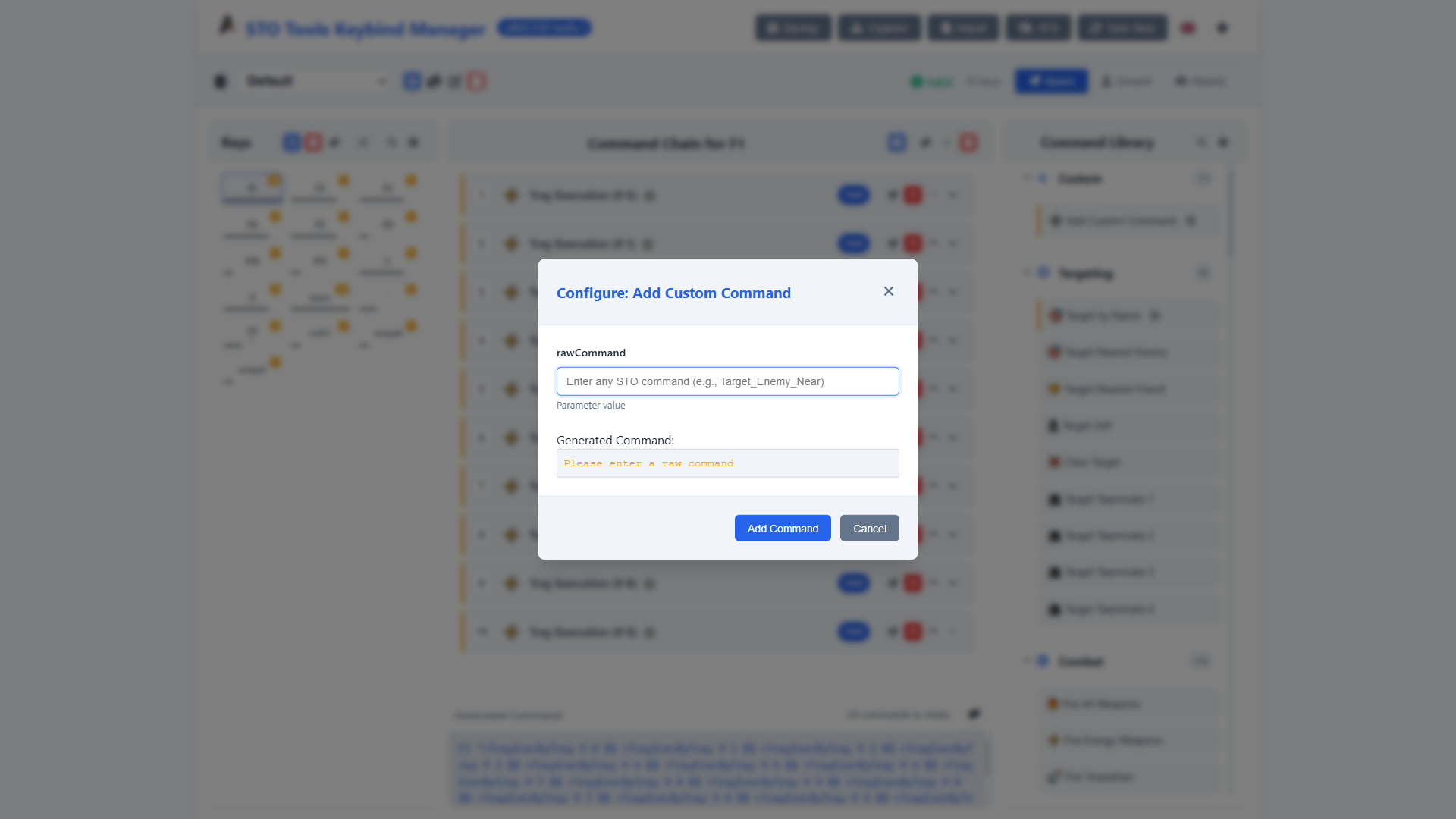 Command details view showing command name, description, and parameters