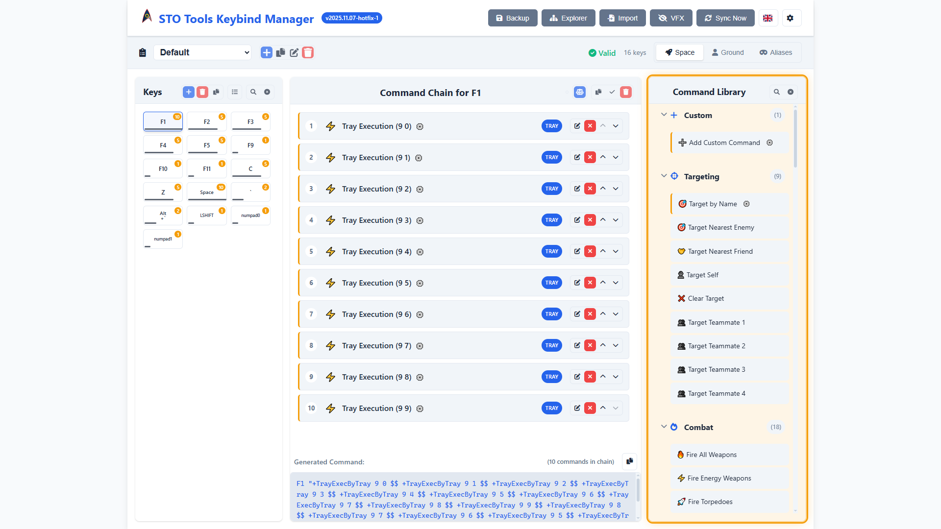 Command library panel showing categories (Targeting, Combat, Tray, etc.) with commands listed