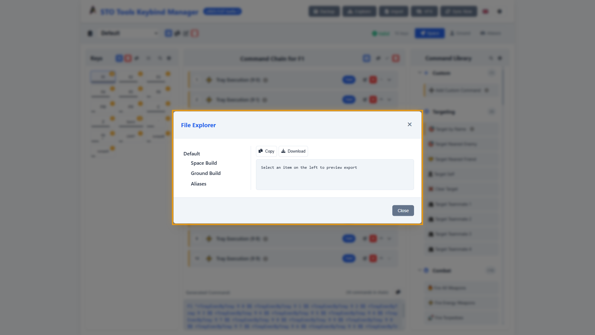 File explorer modal showing file tree with keybind and alias files organized by profile/environment