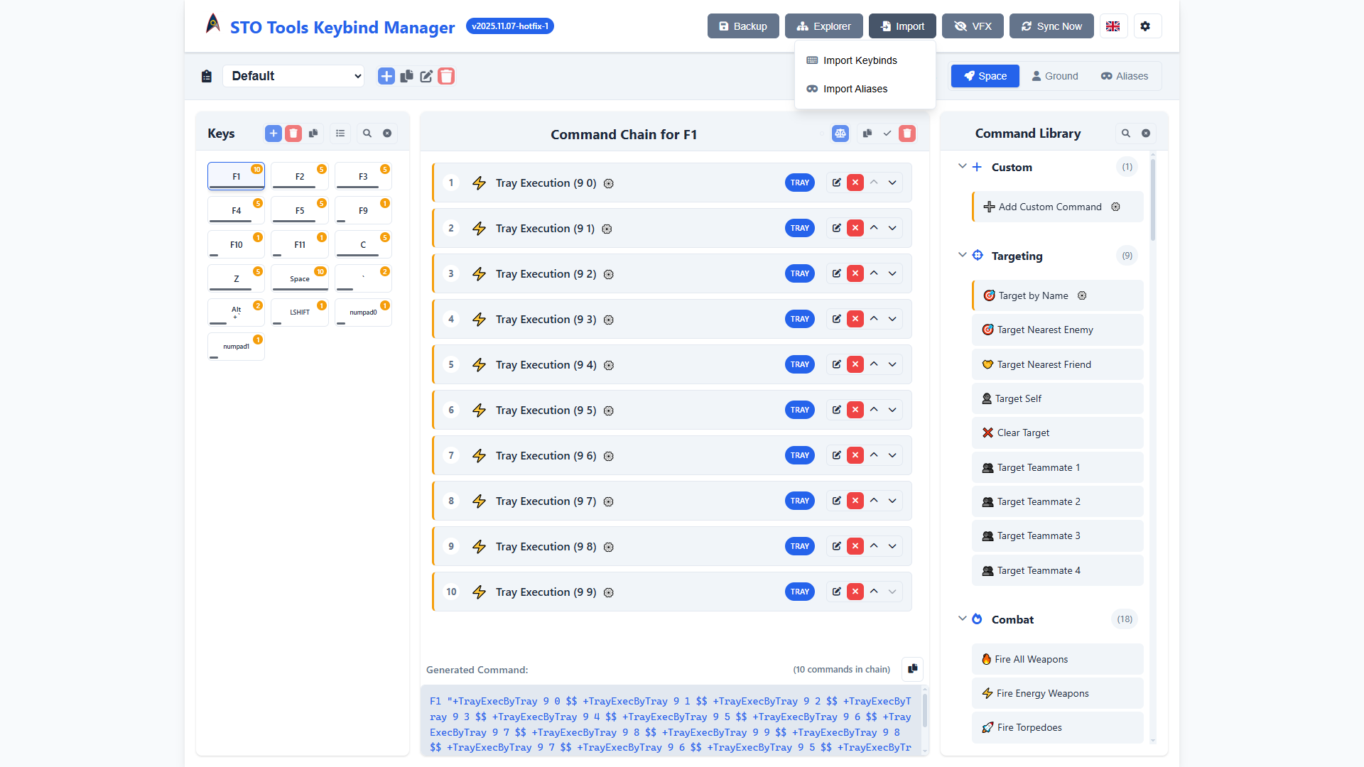 Import menu showing Import Keybinds option