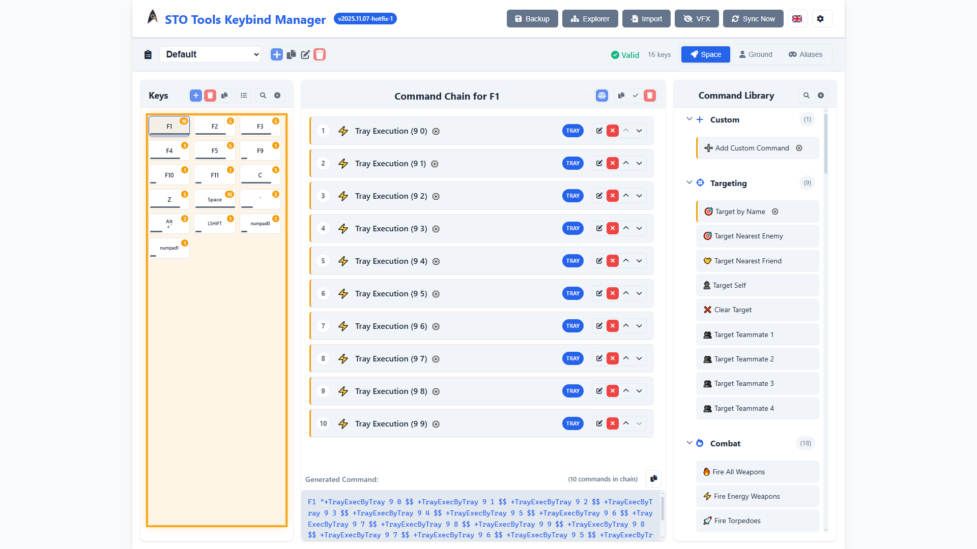Key browser showing grid/list view of keys with some keys having commands assigned