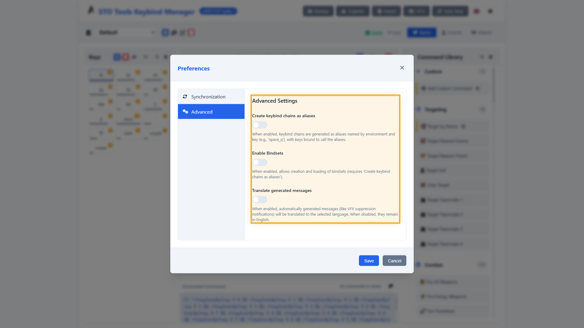 Advanced settings panel showing binds-as-alias mode and bindsets toggles