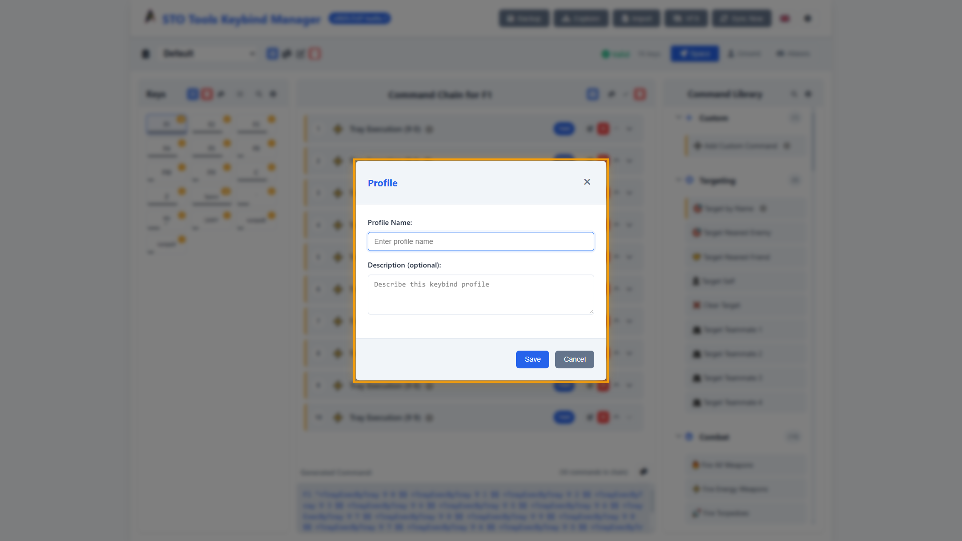 Create new profile dialog with name and description fields