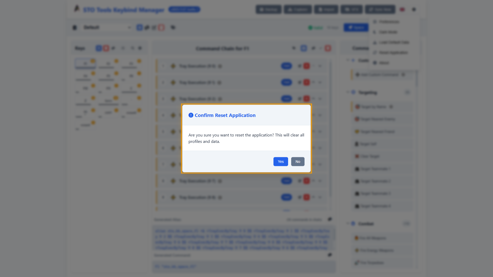 Reset confirmation dialog warning about data loss with confirmation button